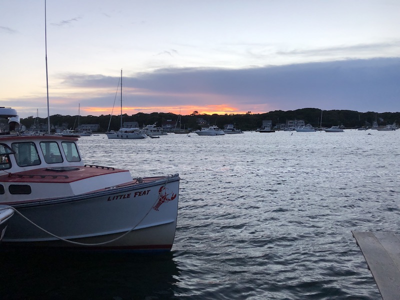 A scenic photo of Oak Bluffs, Martha’s Vineyard. In it, the sunset highlights the calm waves and packed harbor. In the foreground, a boat titled “Little Feat” is shown tied to the dock.
