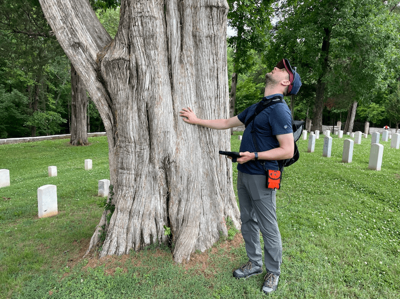 Craig touching a tree in a cemetery