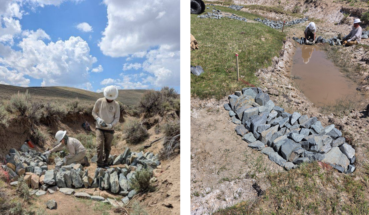 two photos of ACE members building low tech structures